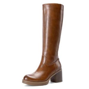 Brown knee-high boot with a block heel and rounded toe, featuring a smooth leather-like finish.