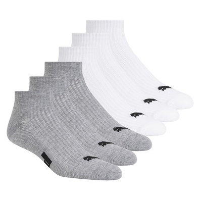 A set of ankle socks, including three gray pairs and three white pairs, featuring a small logo near the toe area.