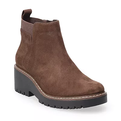 Brown suede ankle boots with a chunky heel, elastic side panels, and contrasting stitching along the welt.