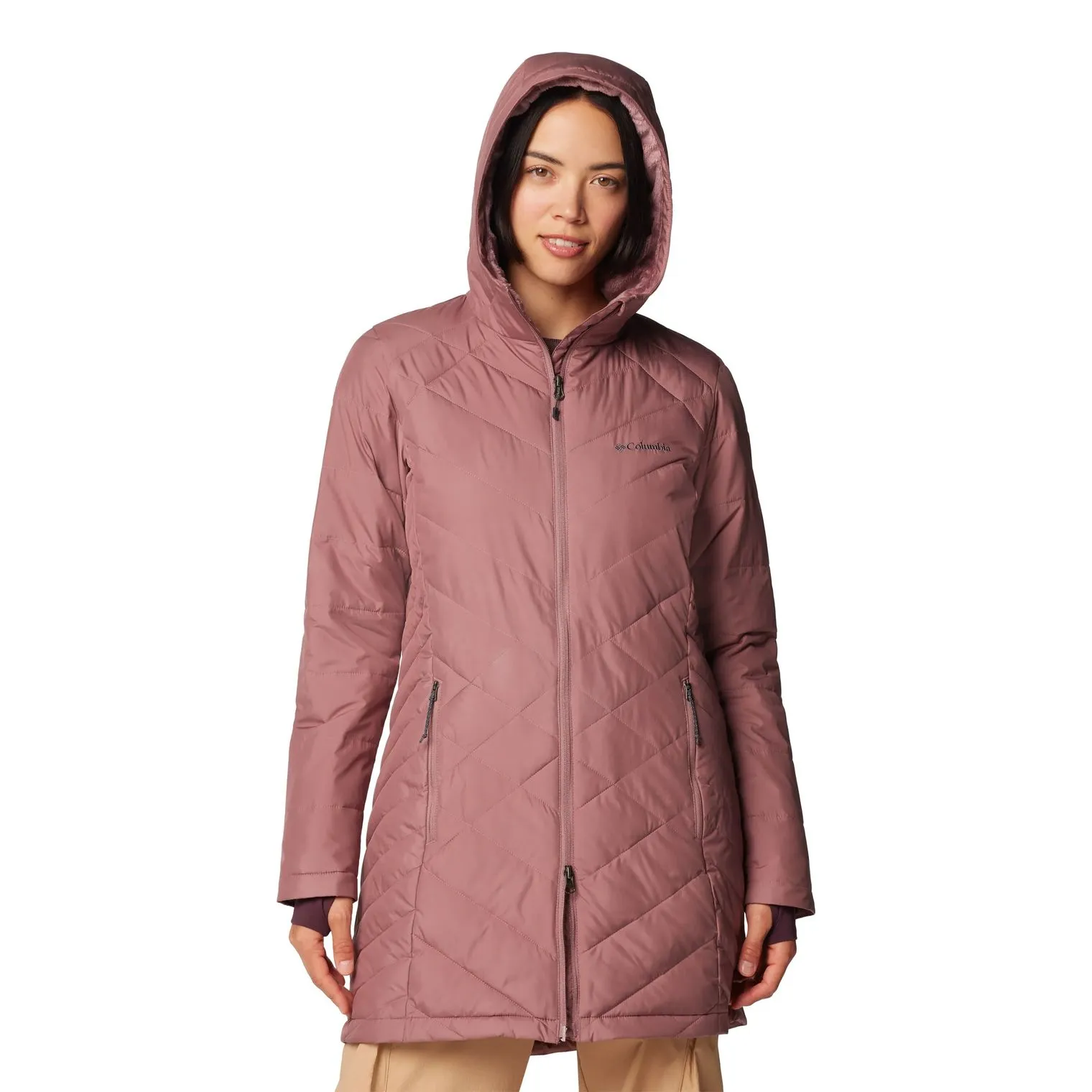 A mauve-colored, hooded, quilted coat with a front zipper and side pockets, designed for warmth and stylish comfort.