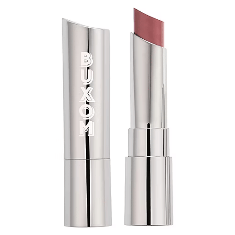 A Buxom lipstick with a sleek silver tube and a slanted bullet in a rose shade.