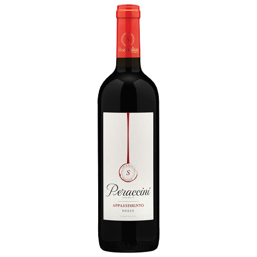Peraccini Appassimento Rosso wine bottle with a red cap and label detailing.