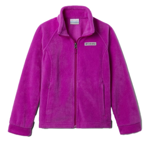 Purple fleece jacket with a full zip front, high collar, and long sleeves. It features a Columbia logo on the chest, designed for girls.
