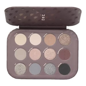 UBC eyeshadow palette with 12 shades featuring neutral and cool tones, including names like \“Cuddle Up,\“ \“Wrapped in a Blanket,\“ and \“Stormy Sky.\“