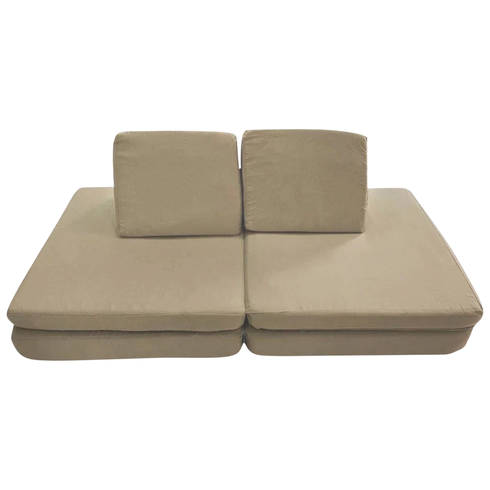 A beige modular sofa with two large seat cushions and two backrest cushions.