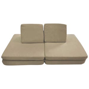 A beige modular sofa with two large seat cushions and two backrest cushions.
