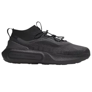 Black athletic sneaker with a sock-like upper, adjustable lacing system, and cushioned sole, featuring \“HOVR\“ technology.
