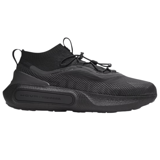 Black athletic sneaker with a sock-like upper, adjustable lacing system, and cushioned sole, featuring \“HOVR\“ technology.