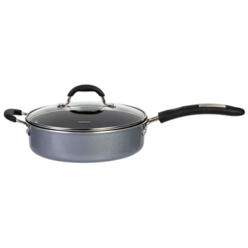 A gray nonstick sauté pan with a glass lid, featuring a soft-touch handle and an additional loop handle for support.