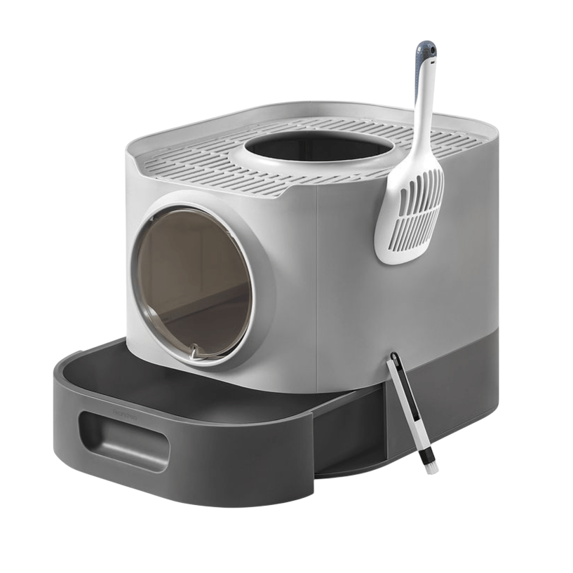 A multi-functional cat litter box with a top opening and a pull-out drawer for easy cleaning. It includes a built-in litter scoop and a side brush attachment.