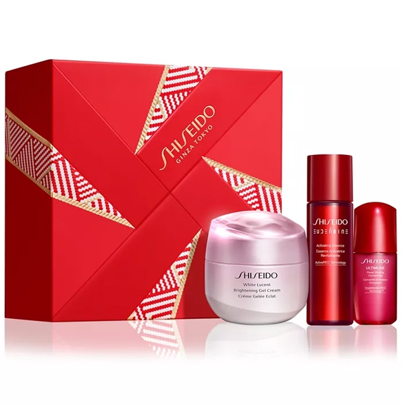 Shiseido 3pc Brightening Skincare Set includes a White Lucent Brightening Gel Cream, Eudermine Activating Essence, and Ultimune Power Infusing Concentrate, presented in a red gift box.