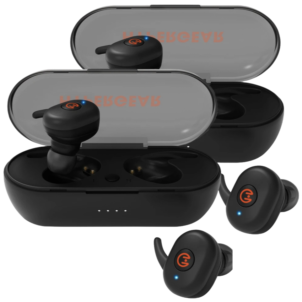 A set of two pairs of HyperGear wireless earbuds in black with compact charging cases, featuring a rounded design with red logos and blue indicator lights.