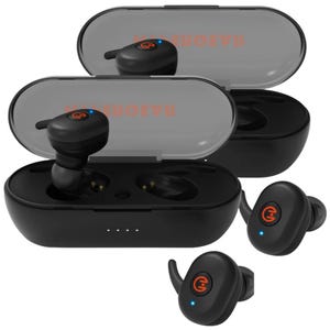 A set of two pairs of HyperGear wireless earbuds in black with compact charging cases, featuring a rounded design with red logos and blue indicator lights.
