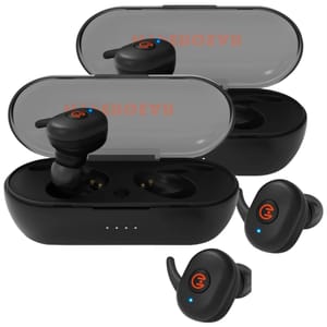 A set of two pairs of HyperGear wireless earbuds in black with compact charging cases, featuring a rounded design with red logos and blue indicator lights.