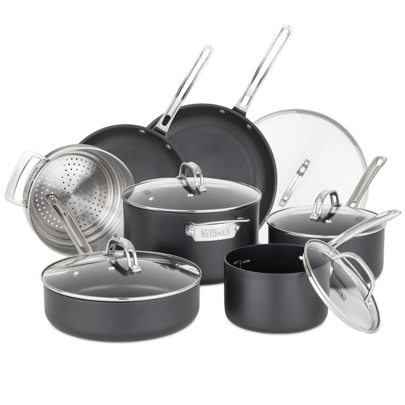 12-piece Viking Nonstick Cookware Set includes various pots and pans with lids, featuring hard-anodized exteriors, nonstick interiors, and stainless steel handles. It also includes a steamer insert, suitable for versatile cooking needs.