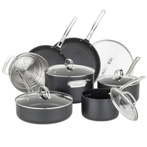 12-piece Viking Nonstick Cookware Set includes various pots and pans with lids, featuring hard-anodized exteriors, nonstick interiors, and stainless steel handles. It also includes a steamer insert, suitable for versatile cooking needs.