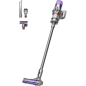 A cordless stick vacuum cleaner with three attachments: a crevice tool, a combination tool, and a mini motorized tool.