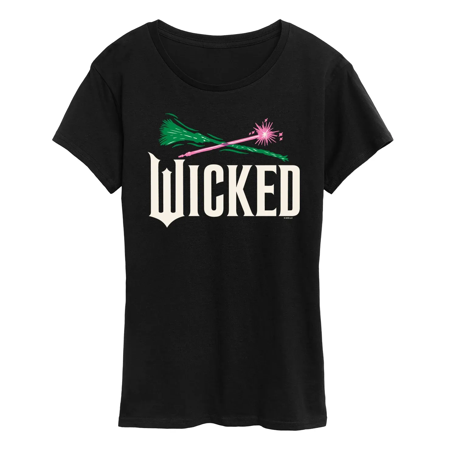Black T-shirt featuring the word \“Wicked\“ in large white font with crossed green broomstick and pink wand graphics above.