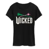 Black T-shirt featuring the word \“Wicked\“ in large white font with crossed green broomstick and pink wand graphics above.