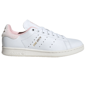 Adidas Stan Smith sneakers in white with a pink heel tab, featuring gold \“Stan Smith\“ text on the side.