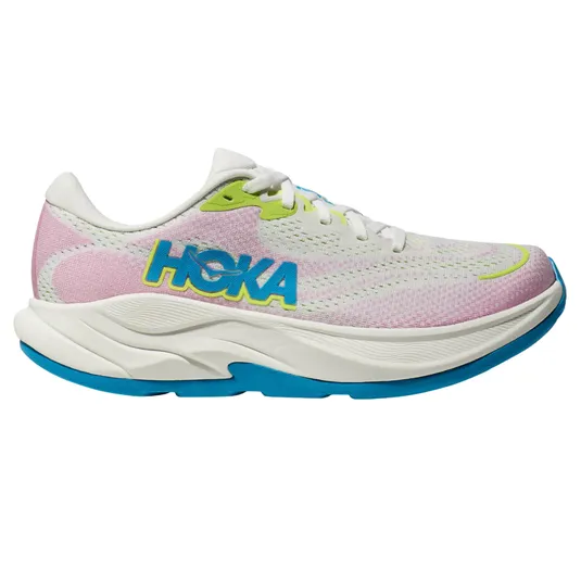 Hoka running shoe in white and pink, featuring a blue sole, lime green and blue logo accents.