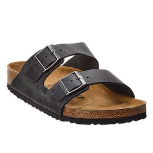 A black sandal with two adjustable buckle straps and a cork footbed, designed for comfort and casual wear.