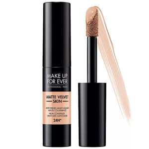Make Up For Ever Matte Velvet Skin, a high coverage multi-use concealer with 24-hour wear, featuring a matte finish.