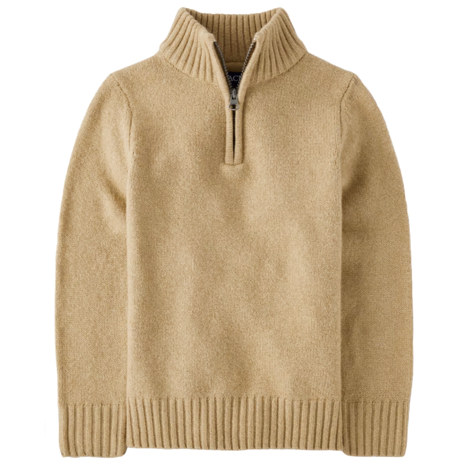 Beige half-zip wool sweater with a ribbed collar, cuffs, and hem.