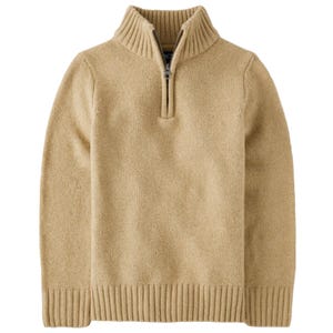 Beige half-zip wool sweater with a ribbed collar, cuffs, and hem.