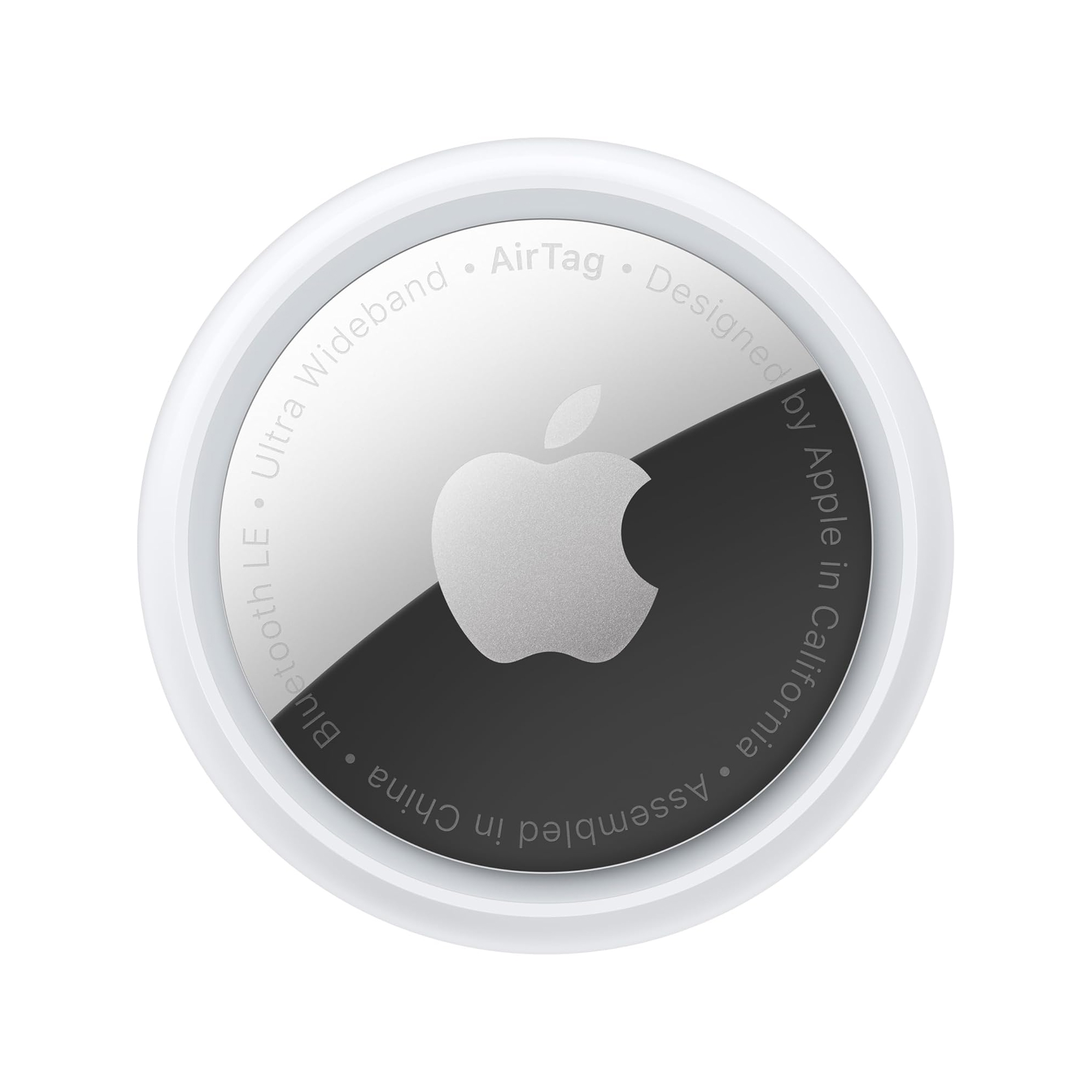 Apple AirTag, a small, circular device used for tracking items, featuring the Apple logo and text indicating it uses ultra-wideband and Bluetooth LE technology. Designed in California and assembled in China.