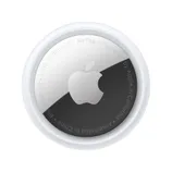 Apple AirTag, a small, circular device used for tracking items, featuring the Apple logo and text indicating it uses ultra-wideband and Bluetooth LE technology. Designed in California and assembled in China.
