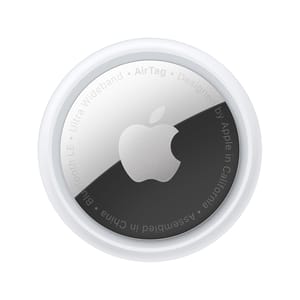 Apple AirTag, a small, circular device used for tracking items, featuring the Apple logo and text indicating it uses ultra-wideband and Bluetooth LE technology. Designed in California and assembled in China.