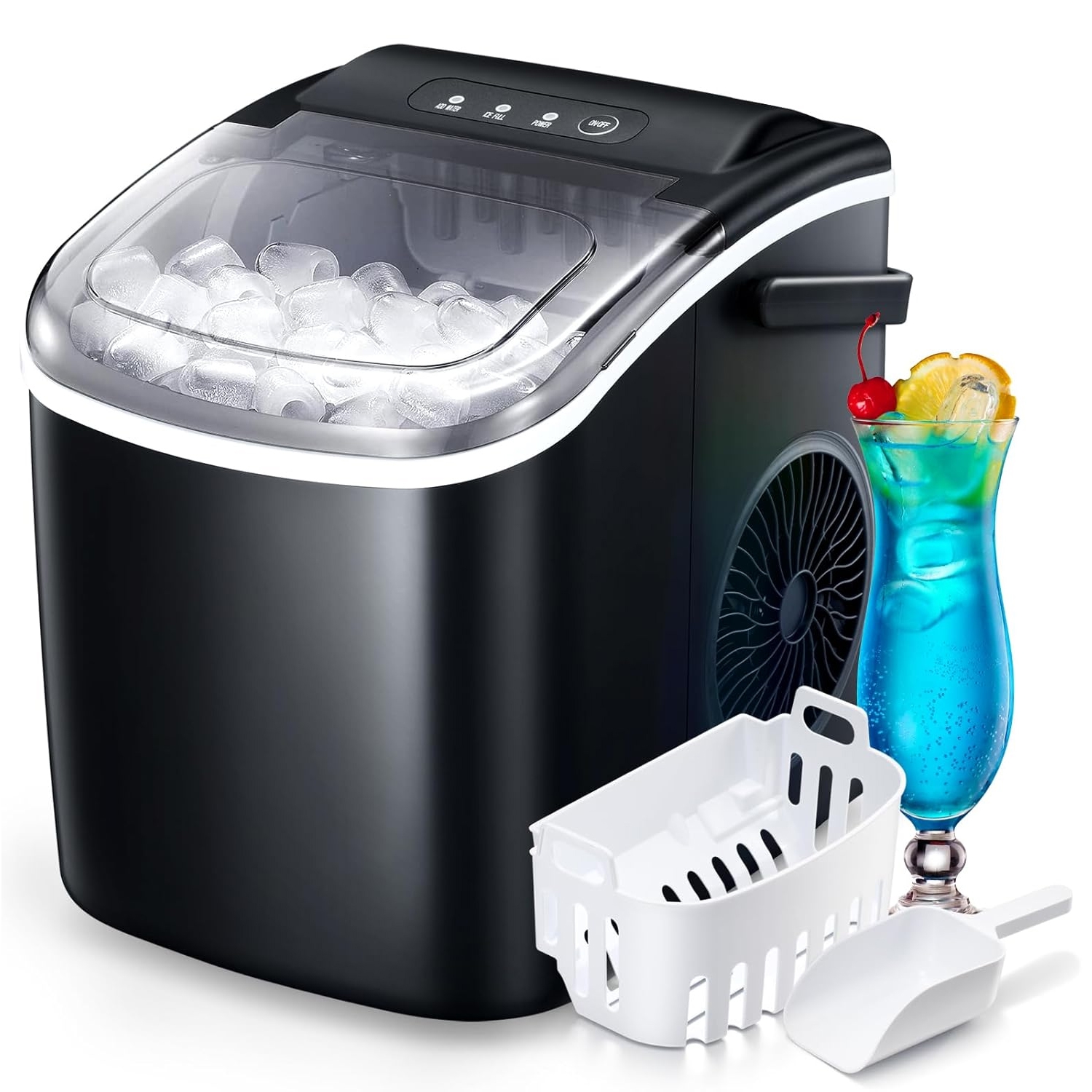 A compact black ice maker with a transparent lid, filled with ice cubes, accompanied by a white basket and scooper, and a blue cocktail with fruit garnish.