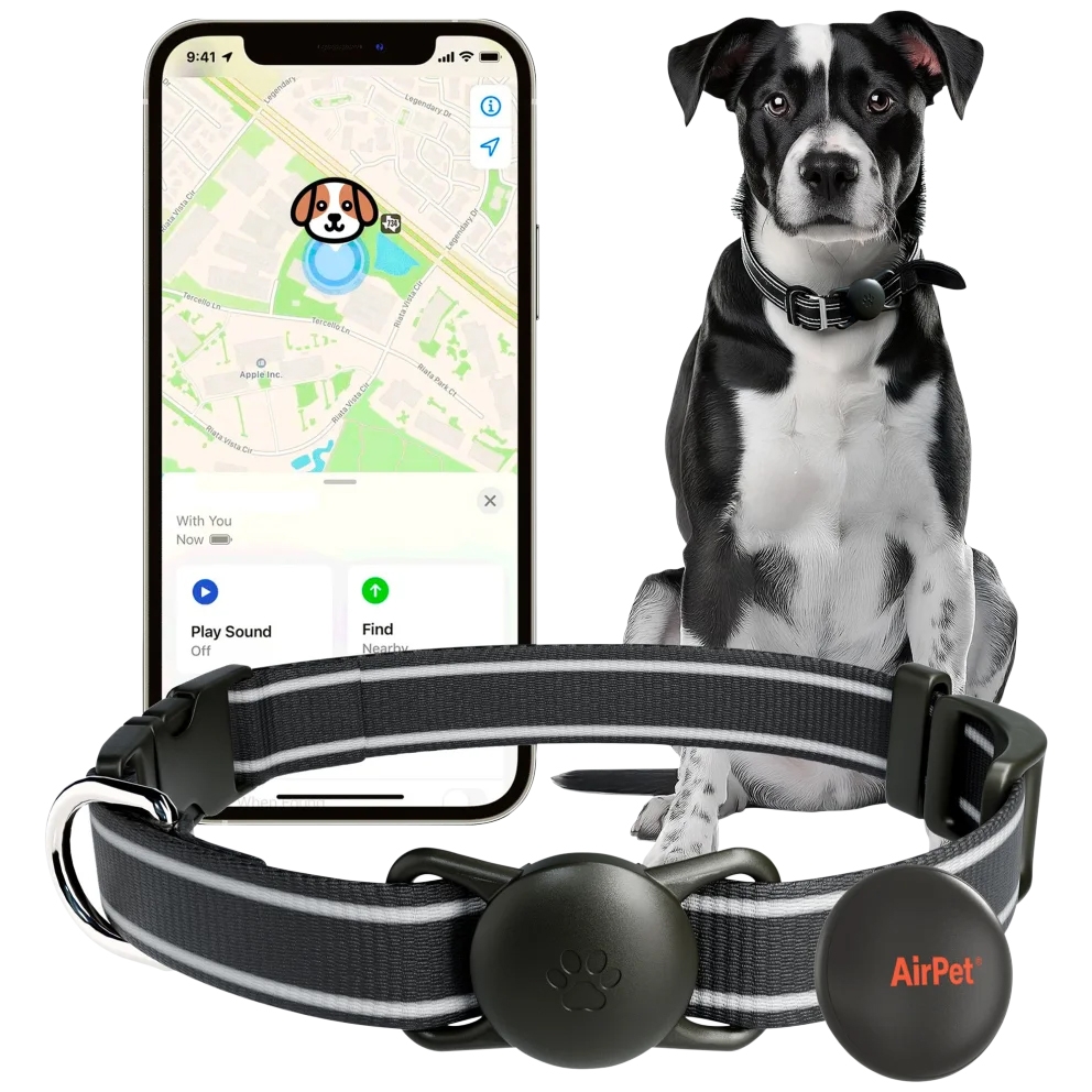 The 2pk Pet Locator Tag and Holder includes a GPS tracking collar with a smartphone app showing a pet's location. The collar is gray with a black tracker, designed for pet safety and location tracking.