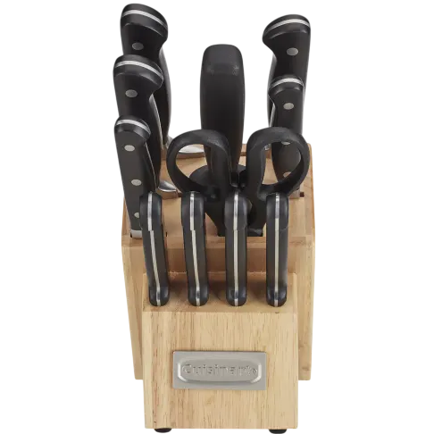 A knife block set with multiple knives and a pair of kitchen scissors, featuring black handles.