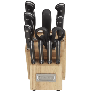 A knife block set with multiple knives and a pair of kitchen scissors, featuring black handles.