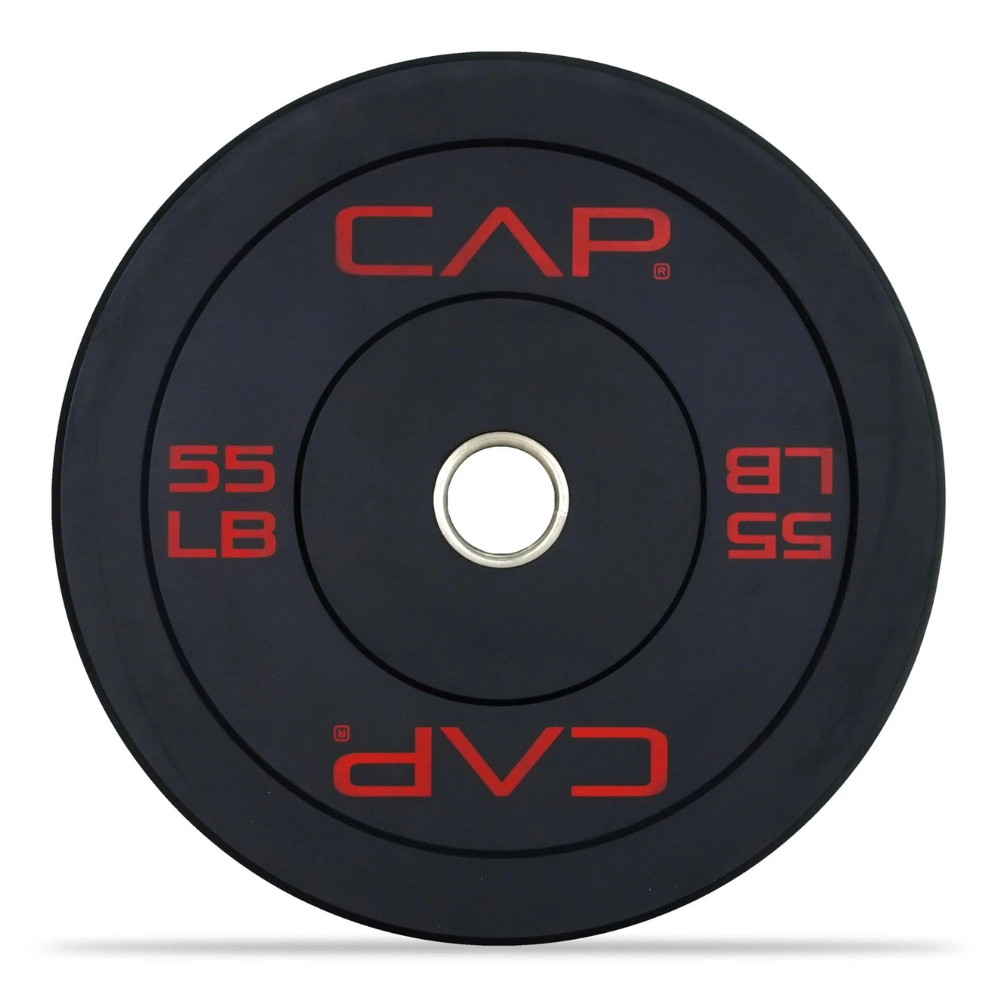A CAP brand rubber bumper weight plate, labeled 55 LB, featuring a metal center hole for barbell use.
