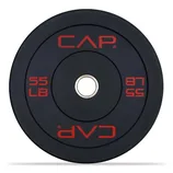 A CAP brand rubber bumper weight plate, labeled 55 LB, featuring a metal center hole for barbell use.