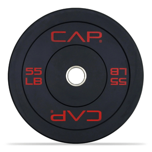 A CAP brand rubber bumper weight plate, labeled 55 LB, featuring a metal center hole for barbell use.