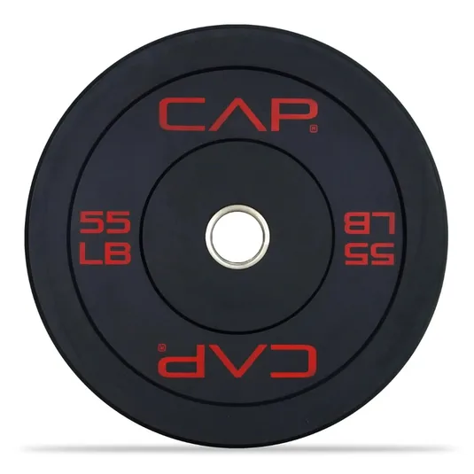A CAP brand rubber bumper weight plate, labeled 55 LB, featuring a metal center hole for barbell use.