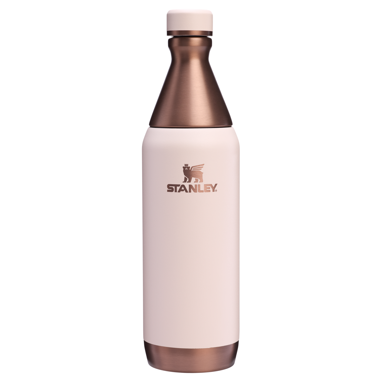 A Stanley bottle with a sleek design featuring a bronze cap and base, and a cream-colored body with the Stanley logo.