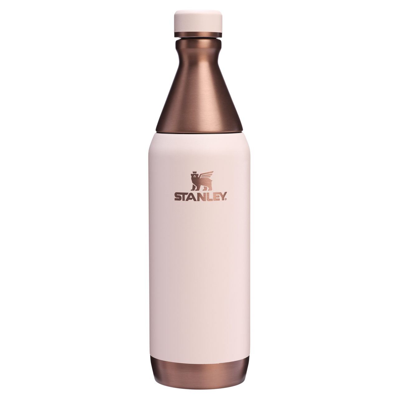 A Stanley bottle with a sleek design featuring a bronze cap and base, and a cream-colored body with the Stanley logo.