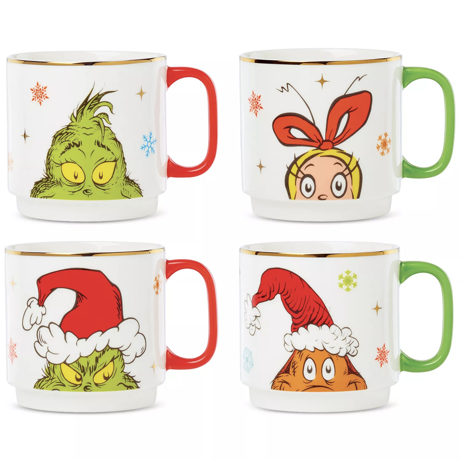 Four ceramic mugs featuring Grinch-themed designs with colorful handles, showcasing characters with Santa hats and holiday motifs.