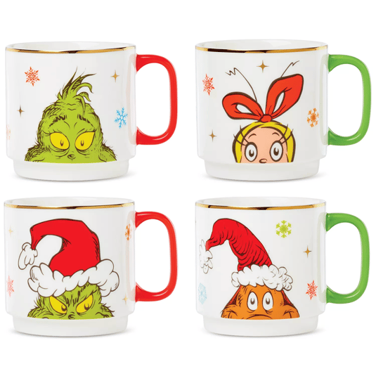 Four ceramic mugs featuring Grinch-themed designs with colorful handles, showcasing characters with Santa hats and holiday motifs.