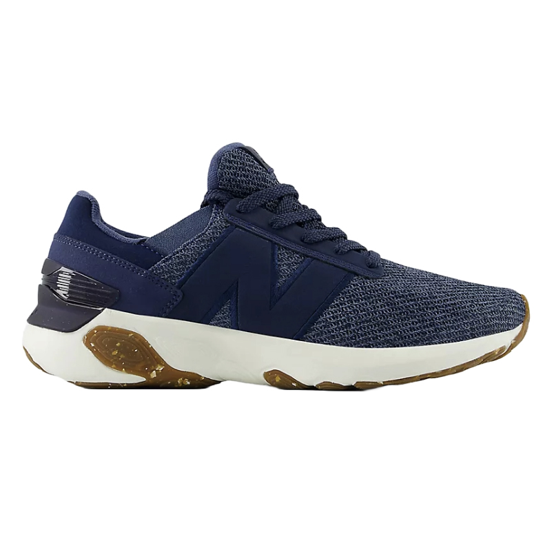 Joe's Fresh Foam X 1440 Shoes feature a navy mesh upper with a distinctive \“N\“ logo, a cushioned white midsole with brown accents, and a modern, sleek design ideal for comfort and style.