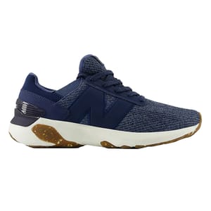 Joe's Fresh Foam X 1440 Shoes feature a navy mesh upper with a distinctive \“N\“ logo, a cushioned white midsole with brown accents, and a modern, sleek design ideal for comfort and style.