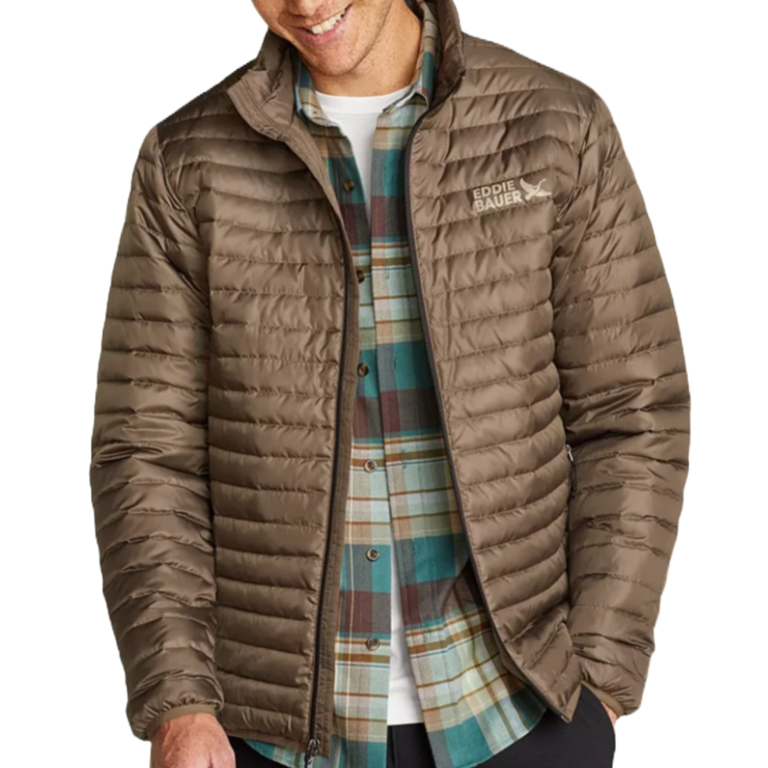 Eddie Bauer Microlight Down Jacket is a lightweight, quilted jacket in brown. It features a front zipper, branded logo on the chest, and is layered over a plaid shirt and a white tee.