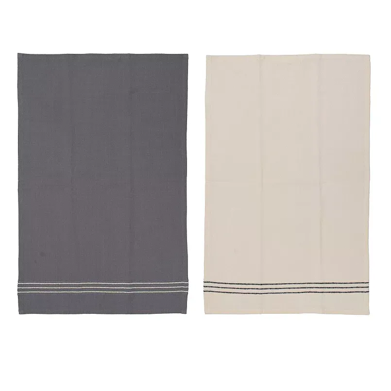 A 2-piece kitchen towel set featuring one dark gray towel and one beige towel, each with a simple striped pattern near one edge.