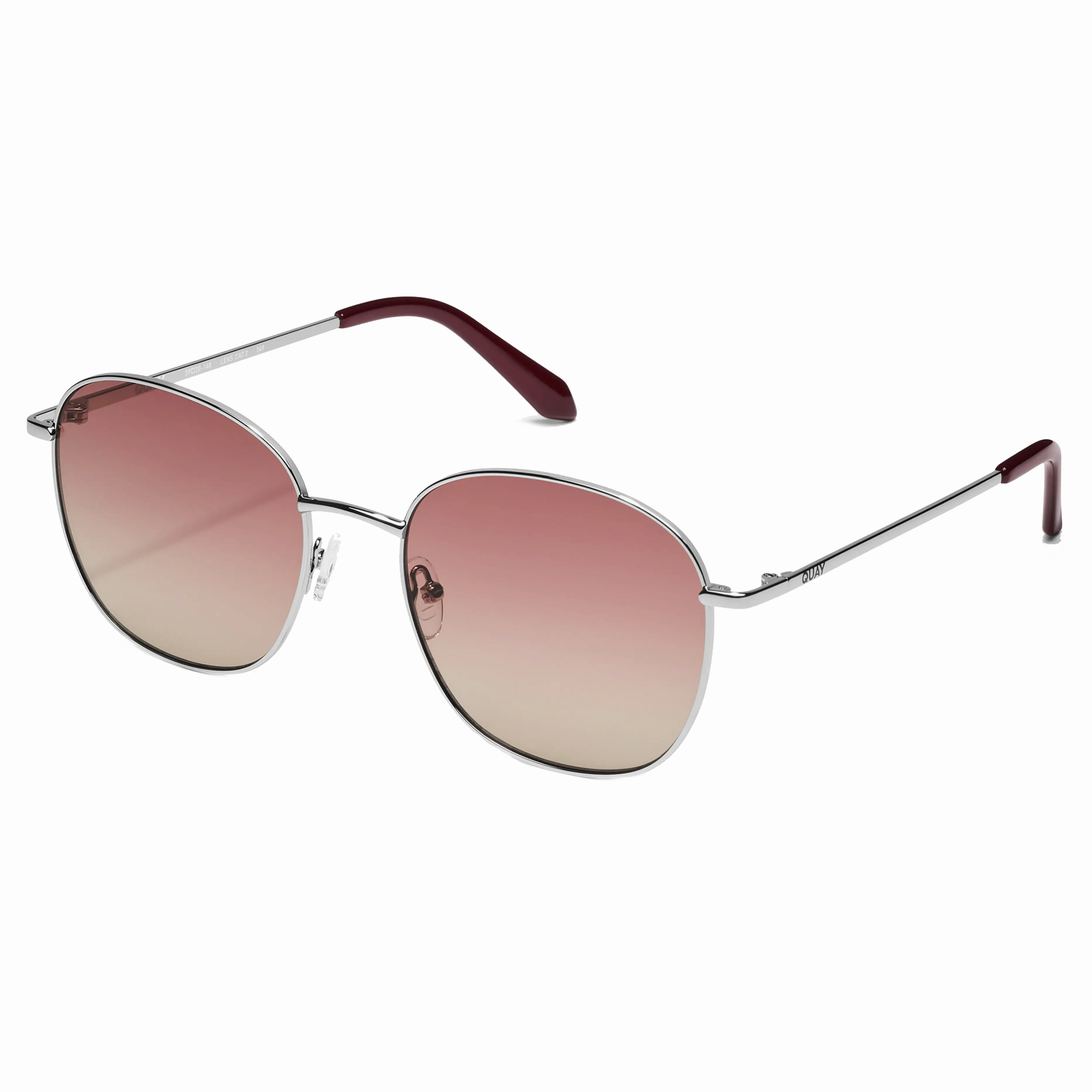 Quay Jezabell Sunglasses feature round, silver metal frames with gradient pink lenses. The arms have burgundy tips, offering a stylish and modern look.