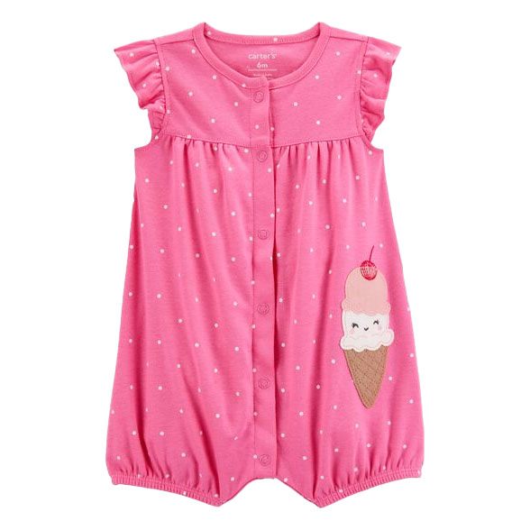 Pink short-sleeve romper with white polka dots, featuring button closure and an ice cream cone applique with a smiley face.
